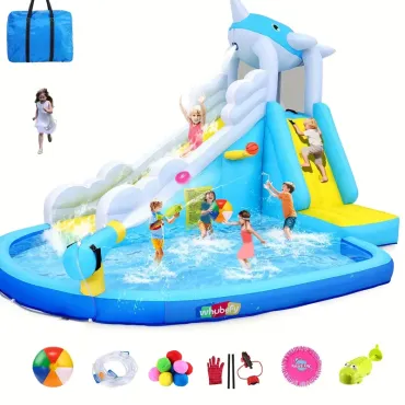Whale Inflatable Water Slide, Inflatable Bounce House Water Slide W/Cute Appearance Design, Inflatable Water Slide for Indoor & Outdoor