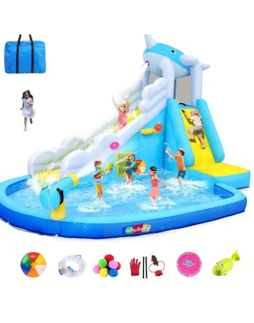 Whale Inflatable Water Slide, Inflatable Bounce House Water Slide W/Cute Appearance Design, Inflatable Water Slide for Indoor & Outdoor Whale Inflatable Water Slide, Inflatable Bounce House Water Slide W/Cute Appearance Design, Inflatable Water Slide for Indoor & Outdoor