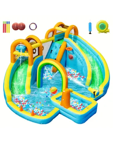 Inflatable Water Slide, Bounce House with 2 Slide, Inflatable Waterslide Park with Splash Pool, Basketball Hoop, Ball Shooting & Water Cannon for Backyard, Outdoor, Indoor Inflatable Water Slide, Bounce House with 2 Slide, Inflatable Waterslide Park with Splash Pool, Basketball Hoop, Ball Shooting & Water Cannon for Backyard, Outdoor, Indoor