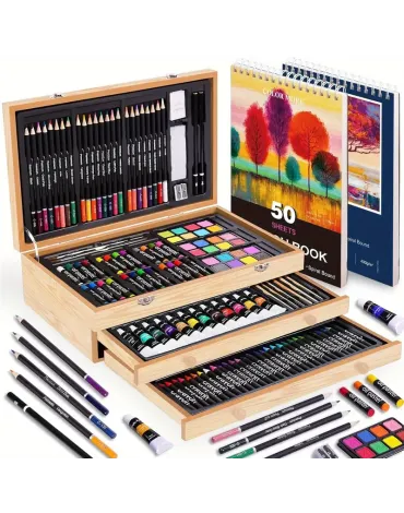 75pcs Deluxe Art Set with 2 Drawing Pads, Art Supplies, Art Supplies for Adults, Crayons, Colored Pencils, Professional Art Kit, painting kit, Back to School, Christmas & Halloween - Cherry Color