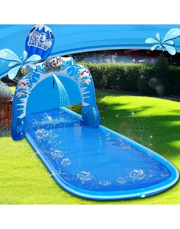 Blue Double-Sided Water Slide Play Set with Paw Pump for Outdoor Fun - Includes Sprinkling Mat and Riding Board on Grass or Lawn, Perfect for Youngsters and Adults, Water Park Play Blue Double-Sided Water Slide Play Set with Paw Pump for Outdoor Fun - Includes Sprinkling Mat and Riding Board on Grass or Lawn, Perfect for Youngsters and Adults, Water Park Play