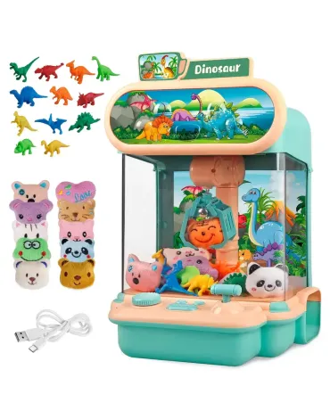Dinosaur-Themed Mini Claw Machine with 22 Assorted Plush Animal Toys - Electronic Grabber Toy Machine for Ages 3+ with USB Power Cable